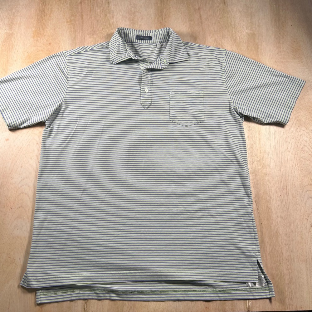 Turtleson Mens Large Polo Shirt Blue Green Striped Pima Cotton Stretch Golf L